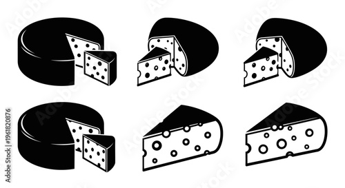 An illustration shows various cut cheese wheels with holes on a white background.
