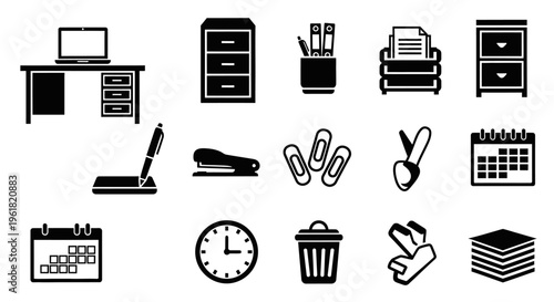 Office supplies and furniture icons arranged on a white background