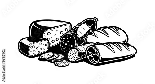 The assortment of artisanal breads and cheeses are displayed together.