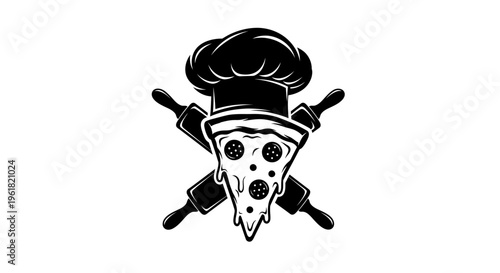 Illustration of a pizza slice wearing a chef's hat with crossed utensils