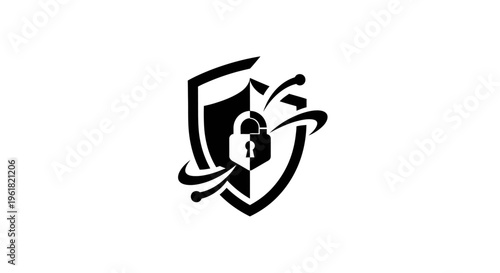 A shield protects a face with a sword and swirls around it.