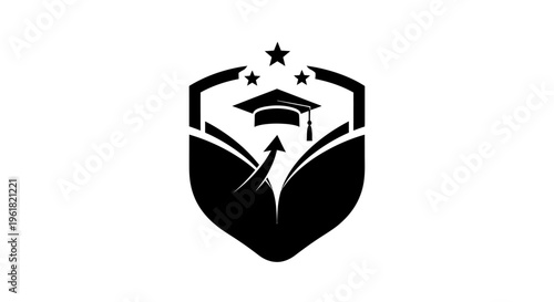 Graduation cap shield emblem with star symbols and open book rising