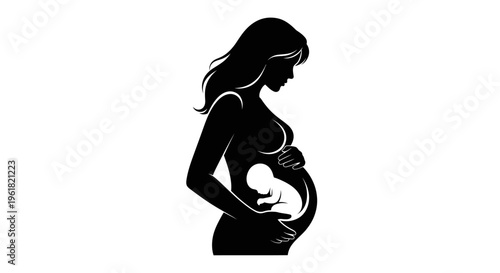 A pregnant woman gently touches her belly in a serene profile view.