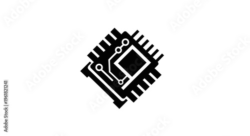 Close-up view of a microchip with circuits and pins on a white background