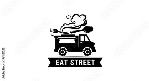 A black illustration of a food truck serving hot food on Eat Street.