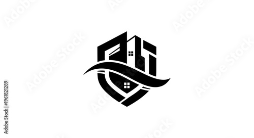 A sleek logo design features a stylized building with a wave, conveying innovation and movement.