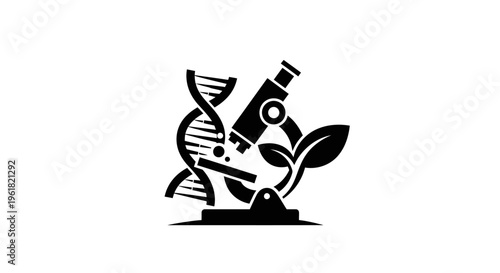 A microscope examines a DNA helix and a sprouting seed in a science lab setting.