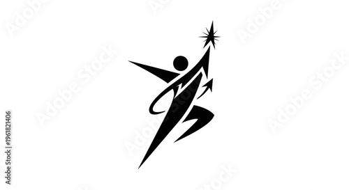 A person jumps high reaching star in night sky with dynamic lines.