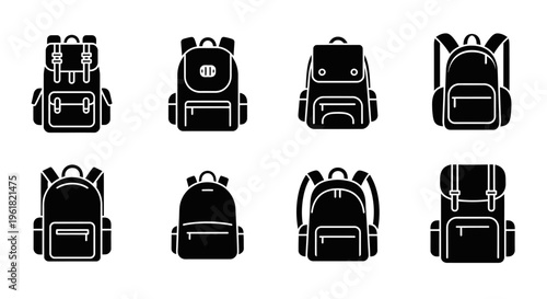 A collection of seven black backpacks and luggage on a white background