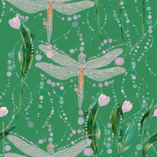 Seamless floral pattern with dragonfly on green background.