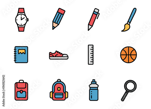 Set of twelve flat featuring school and daily life including a wristwatch pencil pen paintbrush notebook sneaker ruler basketball backpack water bottle and magnifying glass