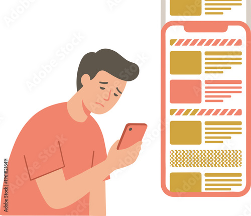 Man uses smartphone next to large mobile app design on screen