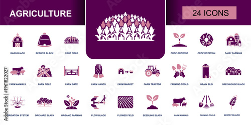 Agriculture icon set. Containing barn, crop field, dairy farming, farm tractor, greenhouse, irrigation, orchard, seedling, wheat and more. Solid vector icons collection for farming use.