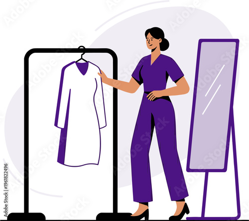 Woman tries on clothes in store with rack and mirror nearby