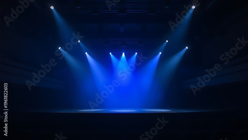 showbiz. An atmospheric concert stage with a single blue spotlight and subtle haze in the performance area. event programs, museum guides, designed for cultural heritage projects and event programs.