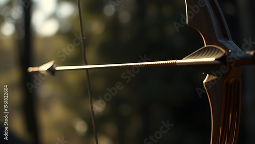 nocked. A bow with taut string and nocked arrow against a blurred natural background. event key visuals, club posters, designed for sports event promotions and stadium branding.