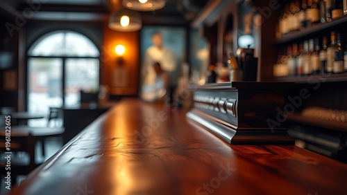 directional. Classic wooden bar counter closeup with warm tones, atmospheric setting. bar promotions, beverage menus, designed for product packaging and bar promotions, used by real estate agents.