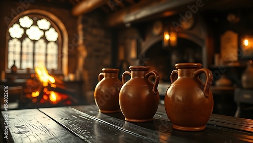 flagons. Medieval-style tavern interior with firelight glowing on terracotta flagons of ale. bar promotions, beverage menus, designed for food & beverage menus and cafe branding.
