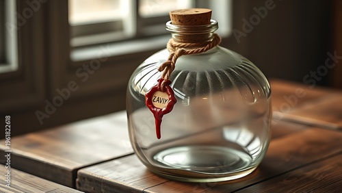 demijohn. A large glass demijohn with a red wax seal on a wooden table. bar promotions, beverage menus, packaging labels, designed for product packaging and bar promotions, used by media buyers.