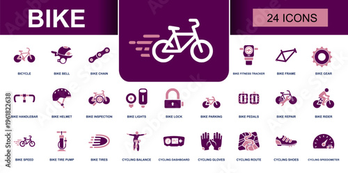 Bike icon set. Containing bicycle, bell, chain, handlebar, helmet, lock, pedals, repair, rider, pump, tires, route, shoes, speedometer, gear and more. Solid vector icons collection.