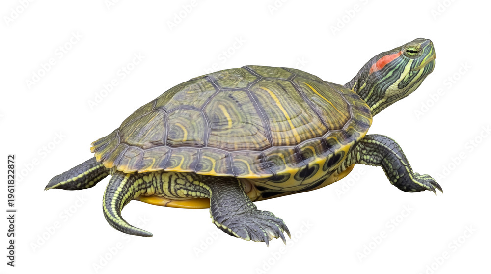 Obraz premium Detailed photograph of a vibrant red-eared slider turtle, isolated on a transparent background.