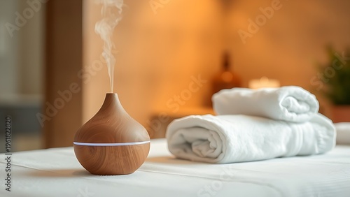 diffuser. Relaxing spa scene with aromatic diffuser and folded towels, creating a serene and tranquil atmosphere. lifestyle magazines.
