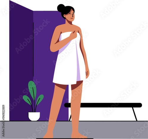 A woman in a towel stands confidently in a modern bathroom interior