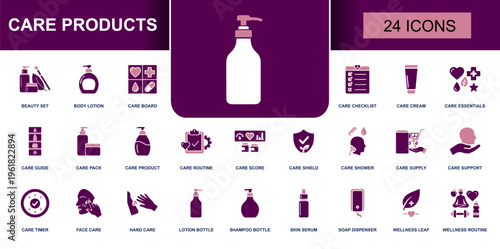 Care products icon set. Containing beauty set, body lotion, care cream, shower, support, skin serum, lotion bottle, shampoo, soap dispenser, wellness and more. Solid vector icons collection.