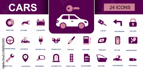 Cars icon set. Containing brake disc, horn, battery, key, lock, steering wheel, engine, seat belt, fuel pump, headlight, insurance, navigation and more. Solid vector icons collection.