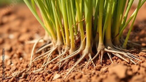 vetiver. Clump of vetiver grass roots growing tightly from reddish-brown soil. gardening catalogs, home-decor guides, designed for home decor and floral branding, used by bi analysts.