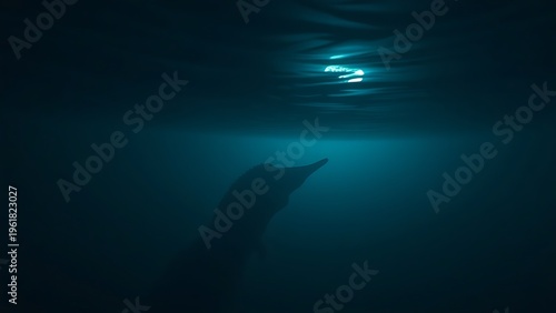 plesiosaur. A plesiosaur silhouette emerging from deep ocean shadows under moonlight. wildlife magazines, conservation campaigns, designed for wildlife conservation campaigns.