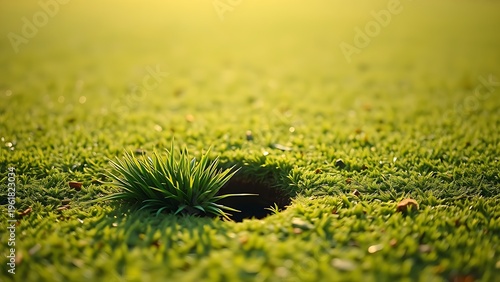 divot. A fresh divot of turf on a green golf fairway with the grass chunk beside it. travel magazines, destination branding, designed for outdoor magazines and nature guides.
