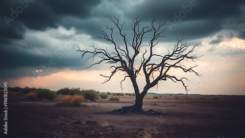 distantly. Withered tree isolated on desolate plain, storm-ravaged, distant vegetation, dramatic lighting. ESG reports, sustainability campaigns, designed for environmental awareness campaigns.