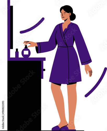 Woman in purple robe applying lotion on bathroom countertop indoors