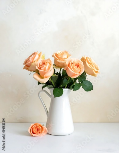 A white vase with peach roses on a table