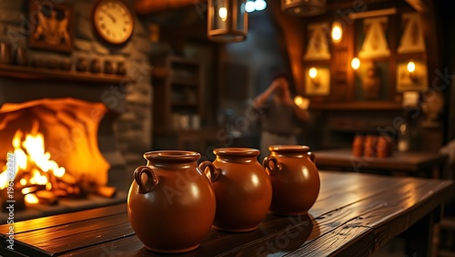 flagons. Medieval-style tavern interior with firelight glowing on terracotta flagons of ale. bar promotions, beverage menus, designed for food & beverage menus and cafe branding.