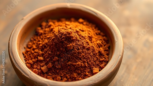 berbere. Unglazed terracotta bowl filled with richly colored berbere spice powder in soft natural light. menu design, packaging mockups, designed for food delivery and cloud-kitchen brand materials.