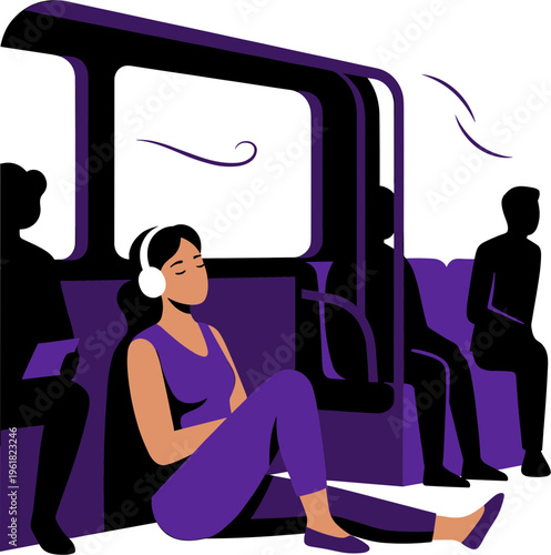 A woman sits comfortably on a train wearing headphones and purple clothes while others sit nearby.