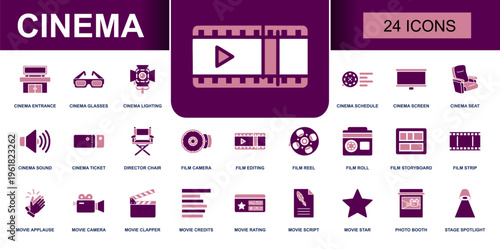 Cinema icon set. Containing entrance, glasses, lighting, ticket, director chair, film reel, camera, clapper, credits, script, spotlight, screen and more. Solid vector icons collection.