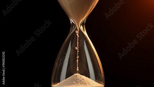 reactivity. Hourglass with sand nearly all in the bottom bulb, warm dramatic lighting. wellbeing guides, coaching materials, designed for mental health education and mindfulness programs.
