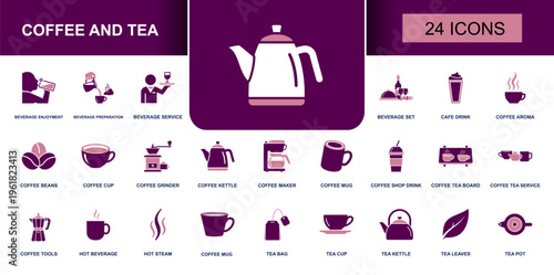 Coffee and tea icon set. Containing beans, cup, grinder, kettle, maker, mug, tea bag, tea cup, teapot, hot beverage, cafe drink, steam and more. Solid vector icons collection for cafes.