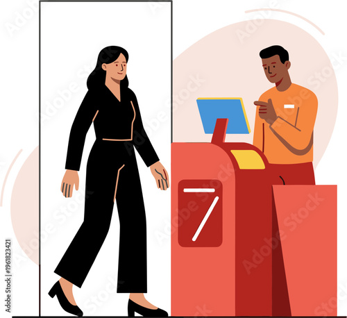 Woman walks past a man at a ticket counter in a station.