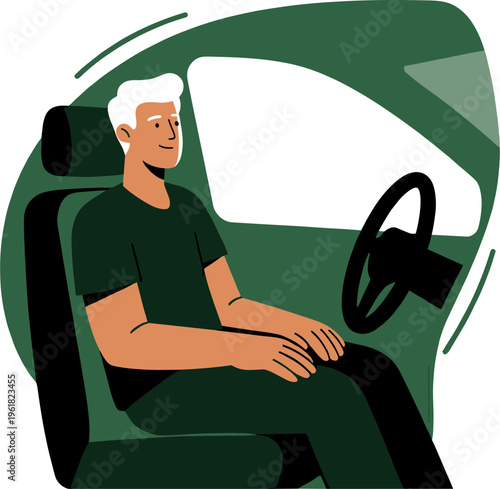 A man sits inside a green car driving on the road alone