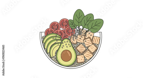 Fresh healthy food bowl with avocado.