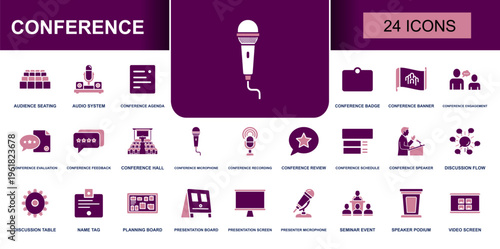 Conference icon set. Containing agenda, badge, banner, feedback, microphone, speaker, seminar, podium, schedule, screen, planning board, review and more. Solid vector icons collection.