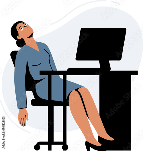 Woman falls asleep sitting at office desk with computer