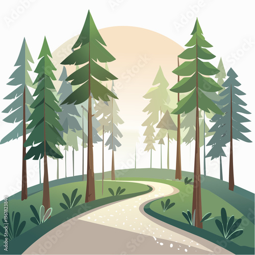 Tranquil winding path through a serene evergreen forest, bathed in the soft glow of a new dawn, inviting exploration