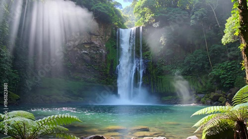 Majestic tropical waterfall in lush rainforest with sunlight beams. Seamless loooing 4k video background