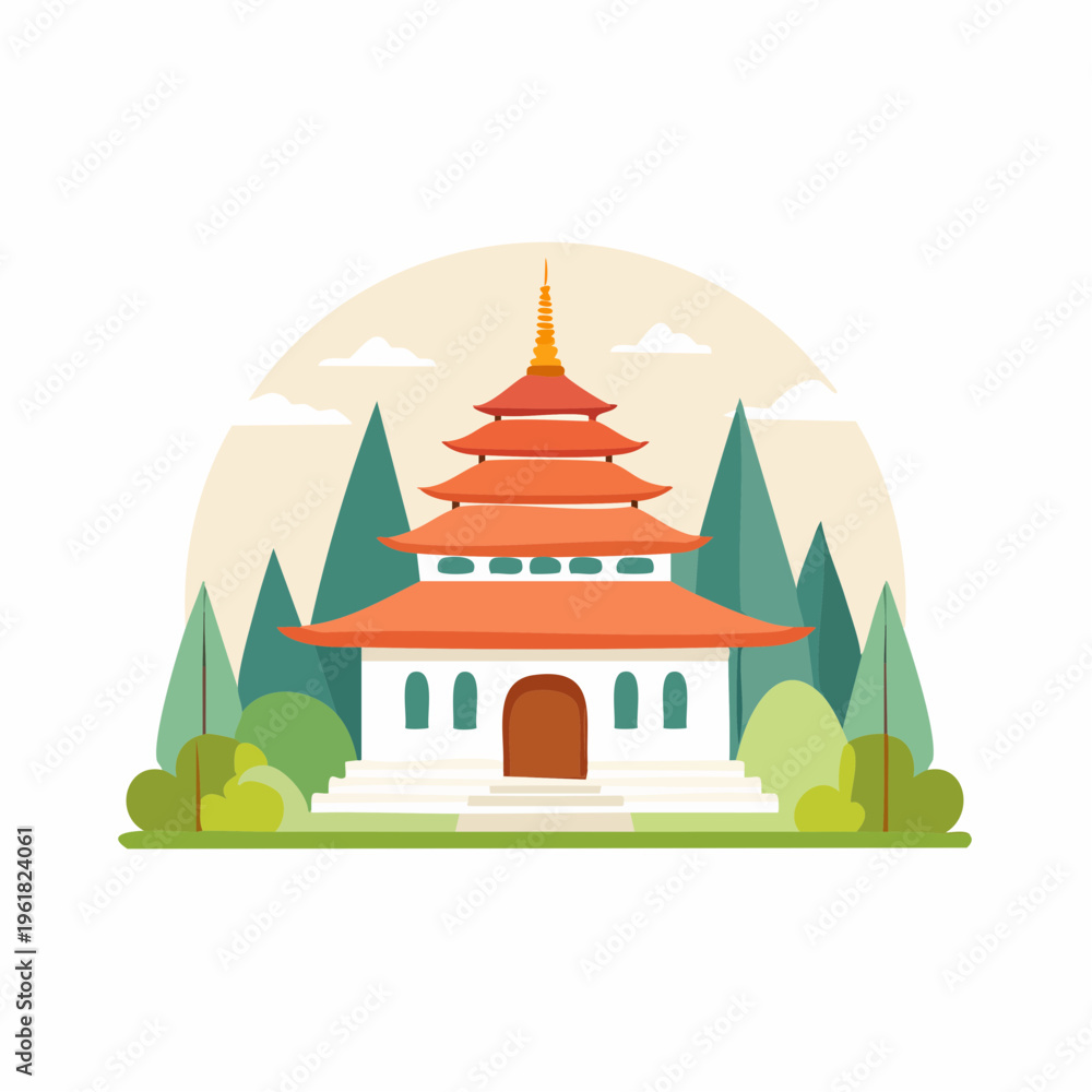 Fototapeta premium Serene Flat Design Illustration of a Traditional East Asian Pagoda Temple Amidst Nature