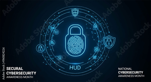 Cyber security hud with padlock and fingerprint on dark blue background with icons